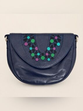 Vintage 80s Mima Venezia Leather Upper Crossbody Bag Navy Patchwork Italian